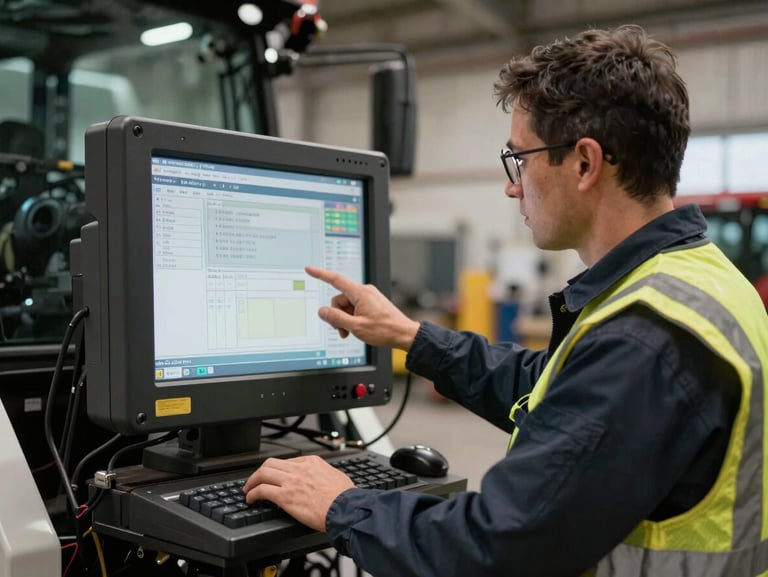 A technician in safety gear interacting with a rugged digital control screen mounted on agricultural machinery, high-contrast workshop lighting.