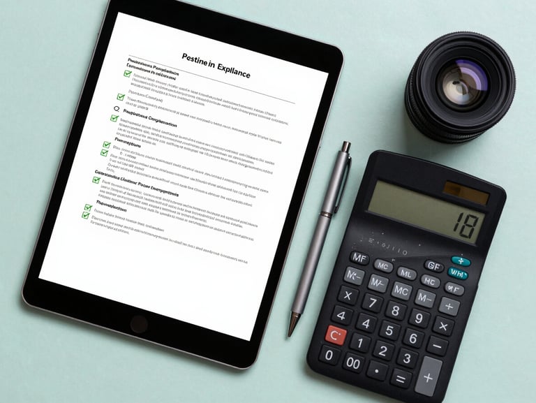 Top-down flatlay of a modern desk with a tablet displaying a technical compliance document with green checkmarks, an engineering calculator, and a clean slate-colored pen on a light mint background.