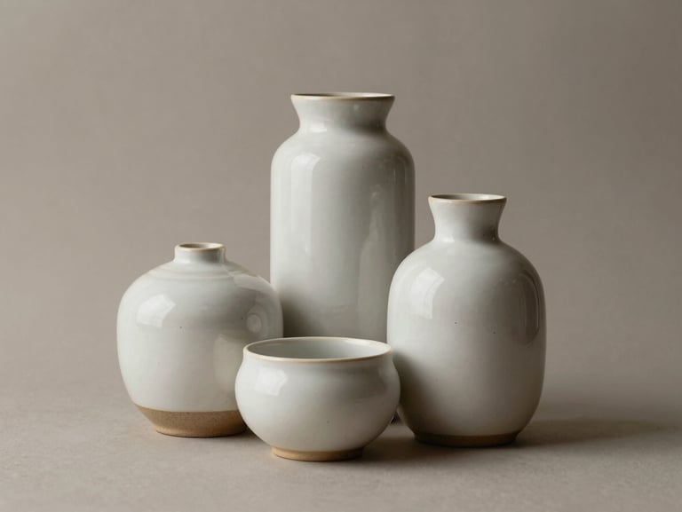 Centered eye-level photograph of modern home essentials, clean ceramic vessels on a solid neutral background.