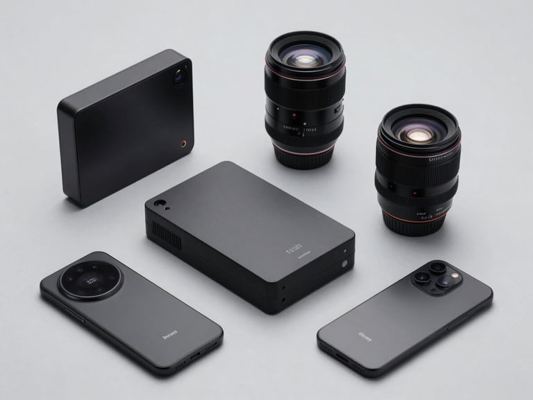 Minimalist flat-lay of sleek black electronic devices, isolated on a light gray studio background, high-key lighting.