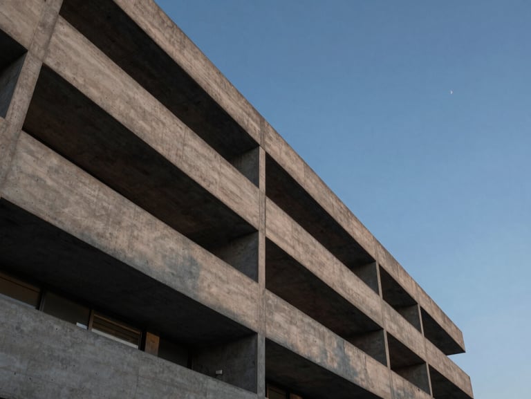Dramatic low-angle shot of a modern concrete residential facade in Querétaro, sharp geometric lines against a clear blue hour sky.