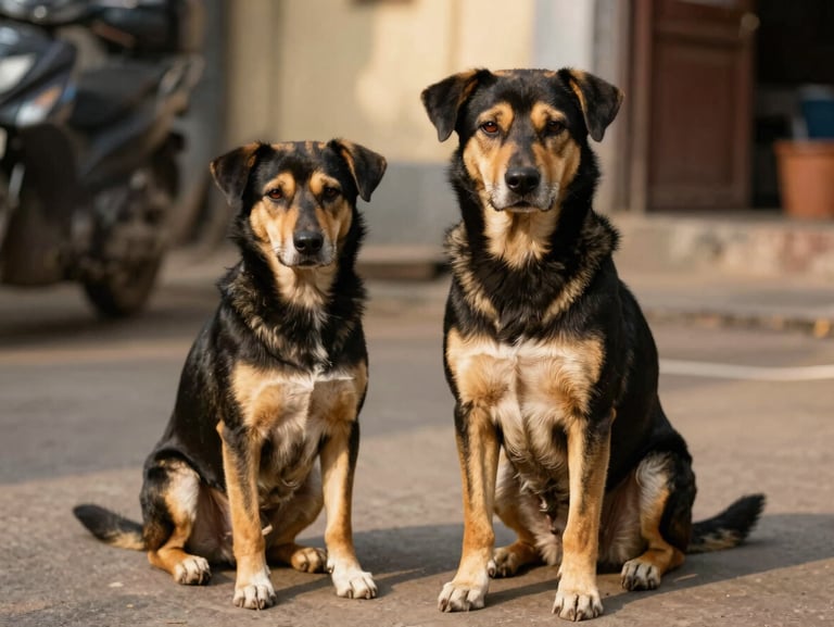 An eye-level shot of a healthy black-and-tan community dog sitting proudly next to a volunteer, bright Bangalore daylight.