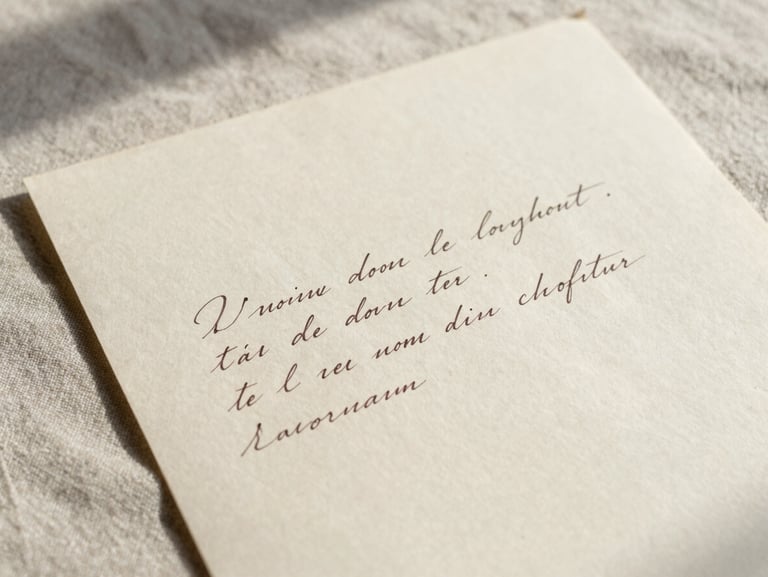 Landscape orientation. Close-up of a handwritten letter in French, elegant ink cursive on aged heavy paper, resting on a neutral linen tablecloth under soft morning shadows.