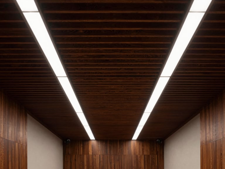 Symmetrical, straight-on architectural shot of a high-end corporate boardroom ceiling featuring dark wood acoustic slats, dramatic linear lighting casting deep shadows, absolute technical precision, no people.