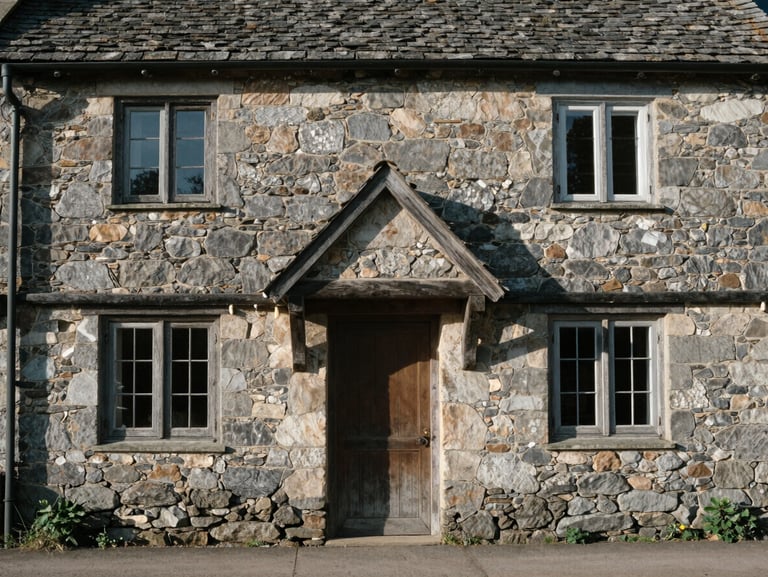 Straight-on architectural photograph of a stone cottage, original timber lintels, soft daylight, low-contrast shadows.