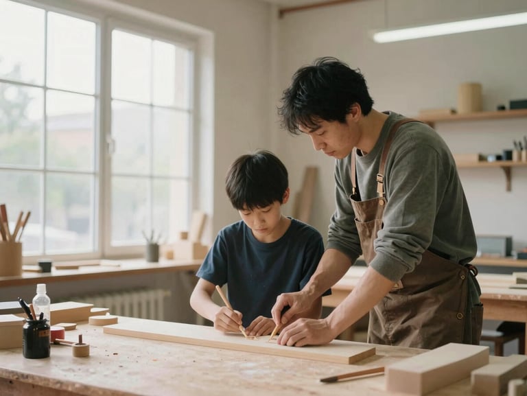 A focused instructor guiding a student in a modern carpentry workshop, warm natural daylight from a side window, authentic vocational setting.