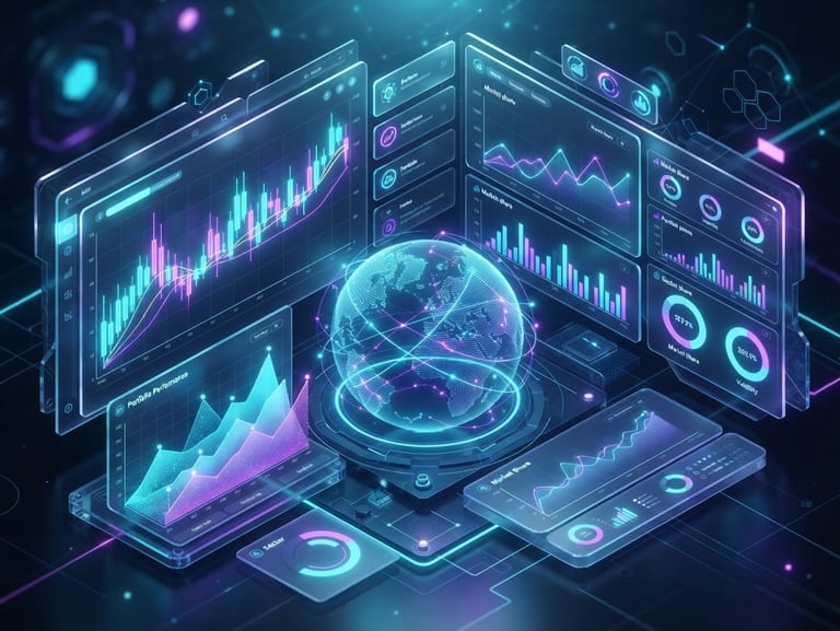 Sleek 3D render of a high-tech financial dashboard displaying glowing neon cyan and violet analytics charts, clean isometric perspective, dark mode, glassmorphism UI elements