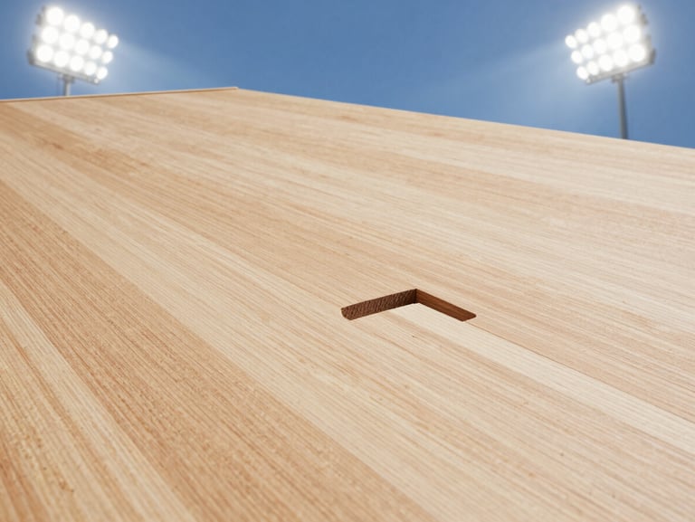Close-up of interlocking joints of a premium wooden sports floor, pristine finish, bright stadium floodlights