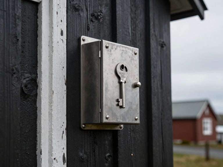A close-up of a physical steel keybox mounted on a weathered dark wooden wall of an empty Icelandic cottage, soft overcast daylight, natural shadows.