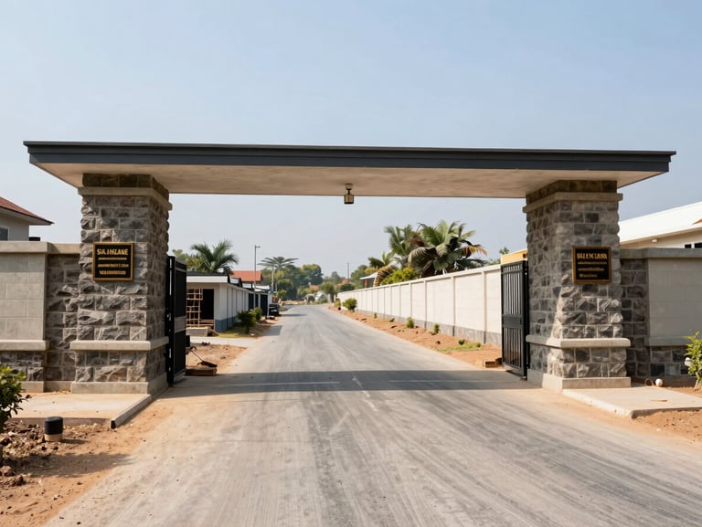 Wide-angle view of a gated community entrance gate in Sulur at bright daylight — stone pillar gate with a nameplate, freshly paved driveway leading inward, compound wall extending both sides, clear sky above, no people, documentary framing showing real construction quality