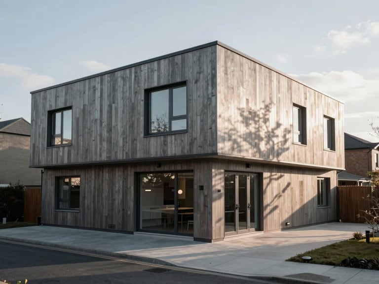 Wide-angle exterior elevation of a modern UK residential extension, crisp morning sun casting sharp geometric shadows on timber cladding.