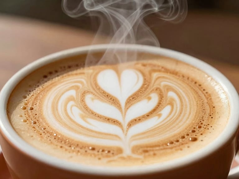 Close-up of steam rising from a freshly poured latte art in a ceramic cup, warm terracotta tones, natural morning sunlight, macro texture