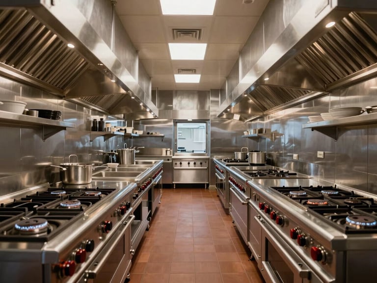 Symmetrical architectural shot of a gleaming, empty hotel kitchen line with heavy-duty range burners and stainless steel exhaust hoods, cool industrial lighting.