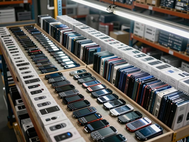 Overhead shot of a warehouse interior — mobile phones arranged in bulk trays beside boxed accessories, bright fluorescent warehouse lighting, organized rows, documentary style, no people