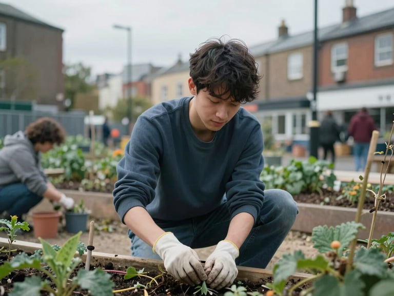 An environmental portrait of a young adult working on an urban community garden project in Bristol, soft natural daylight, cool color palette, unposed.