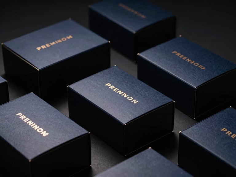 Premium packaging design for an e-commerce fashion brand, high contrast studio lighting with deep shadows.