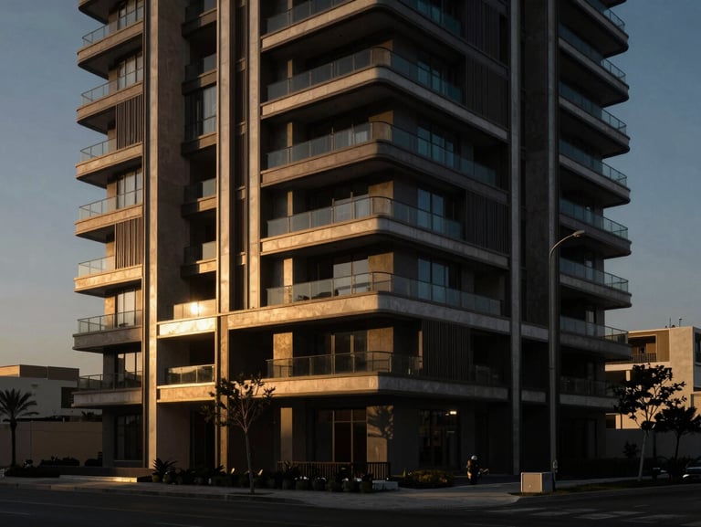 Modern architectural lines of a luxury real estate development in Cairo at golden hour, deep dramatic shadows.