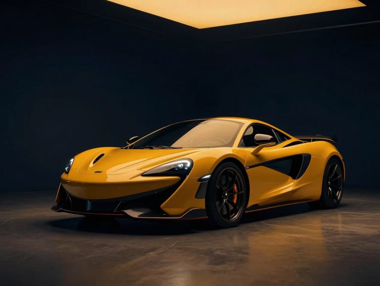 Sleek sports car in a low-key illuminated studio setup with deep navy shadows and bright amber highlights.