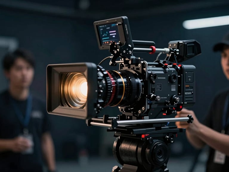 Behind-the-scenes camera rig on a commercial film set, anamorphic lens flare, professional production environment.