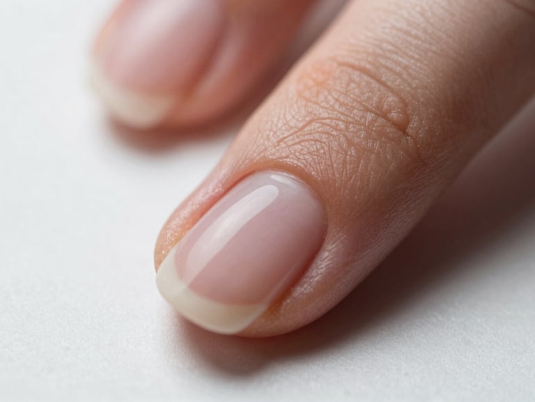 Extreme close-up of a finished set of nails under studio light, gel application visible in precise detail, clean white background beneath the hand, sharp focus on the nail edge and surface texture, no filter