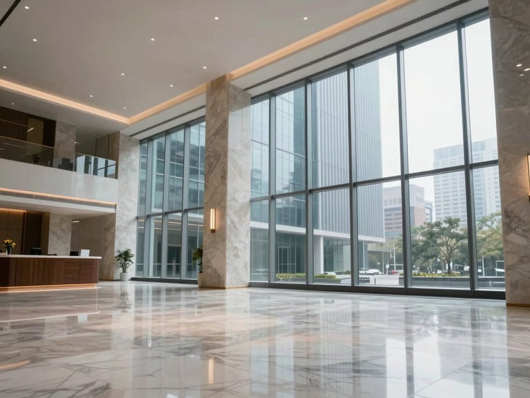 Architectural interior of a premium glass and stone reception area in a corporate tower, empty marble floor reflecting diffused ceiling light, floor-to-ceiling windows revealing a blurred city beyond, shot from a low angle emphasizing geometry and volume, no people