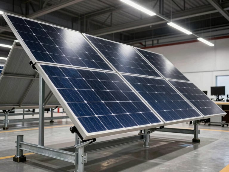 A modern solar showroom display featuring monocrystalline solar panels mounted on robust galvanized iron structures under bright indoor lighting