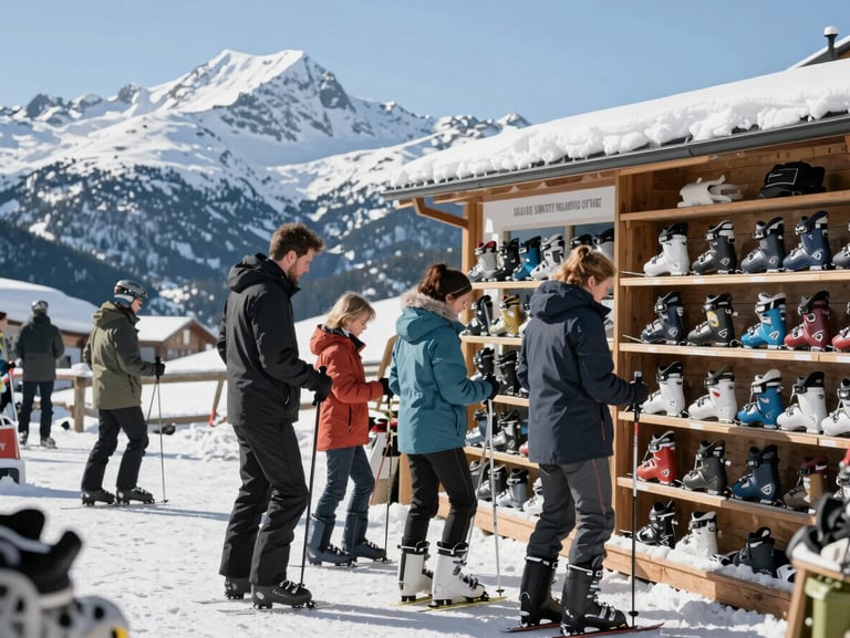 Families fitting ski boots in a local Jindabyne hire shop, bright daylight, helpful local staff, sharp focus