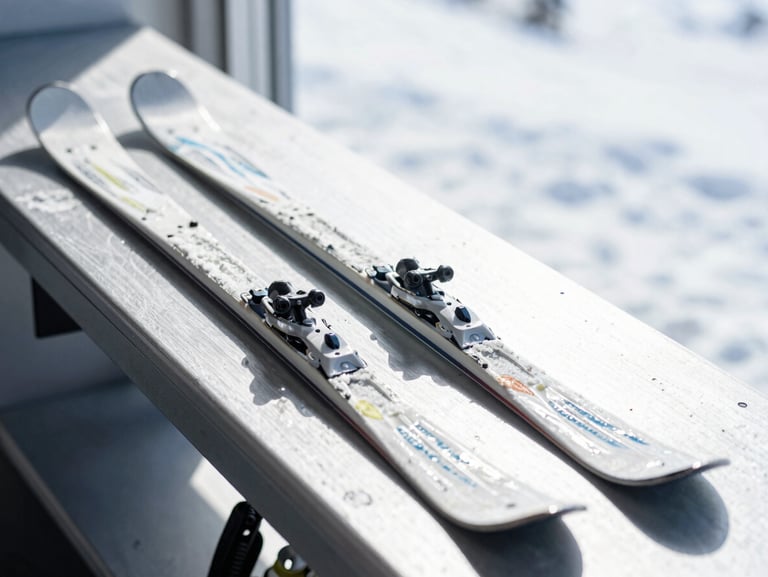 Close-up of freshly waxed ski edges on a tuning bench in a local shop, bright daylight, cool tones