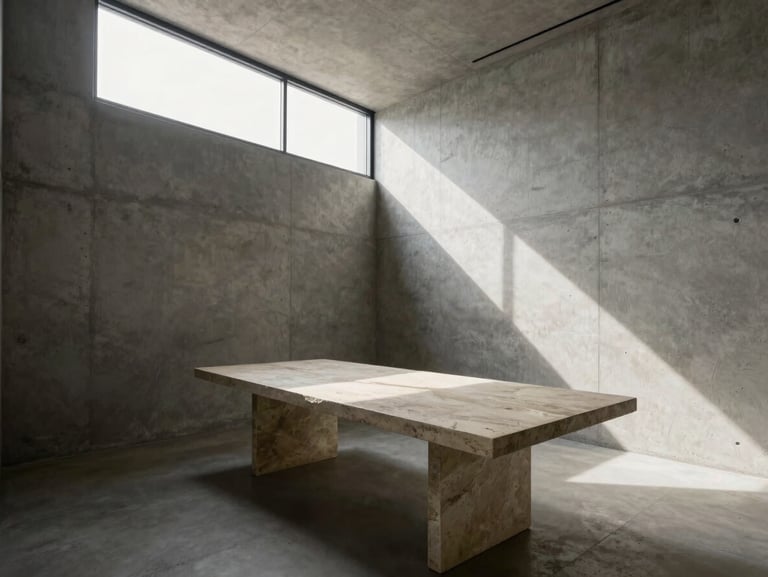Wide-angle architectural shot of a modern, empty consultation room, stark concrete walls, a single long stone table, dramatic natural light streaming from a high window.