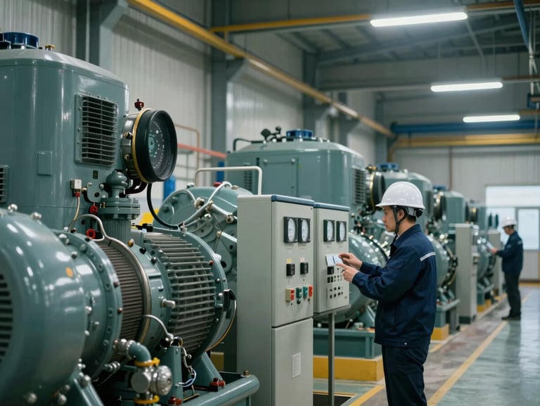 Environmental shot inside an industrial power generation facility, generator units aligned in a row, an engineer in a hard hat reviewing instrumentation panels under functional strip lighting