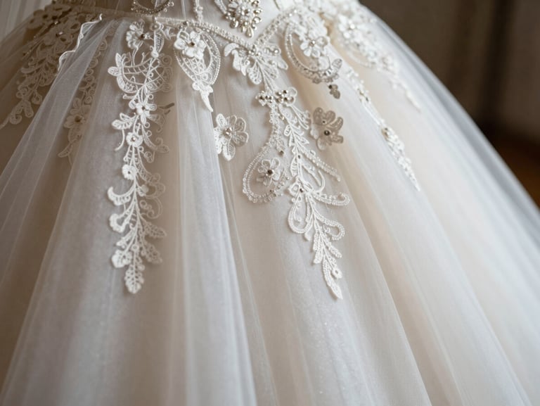 Macro shot of delicate lace and tulle on a wedding gown being gently steamed, showing restored texture and flawless cleanliness