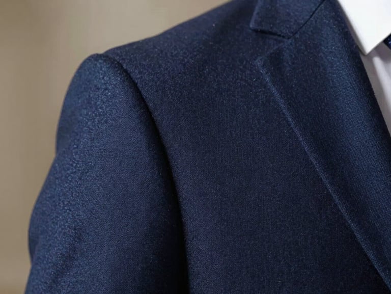 Close-up of structured navy blue wool suit fabric, showing clean shoulder seam and premium weave under natural light.