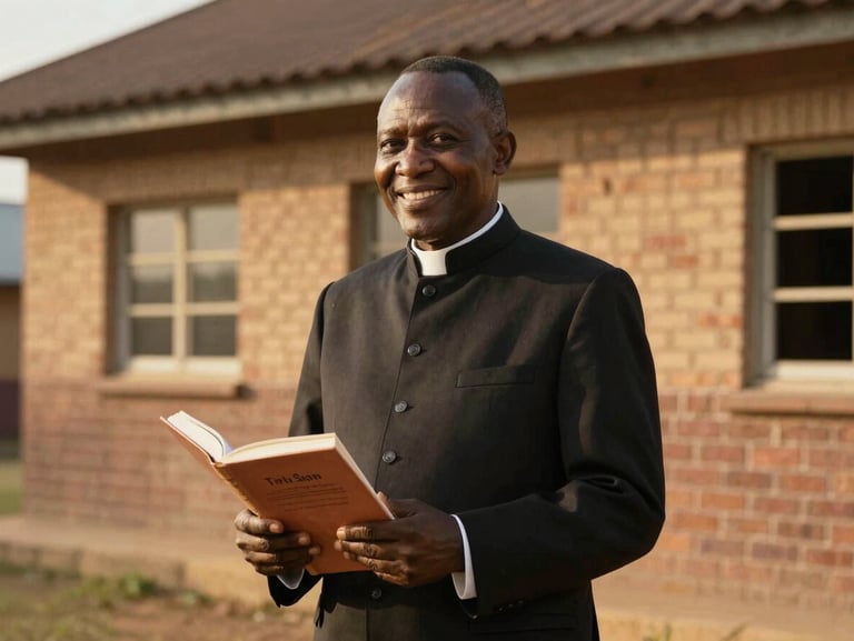 Warm environmental shot of Pastor Titus Ssekawe standing outside the brick schoolhouse, smiling warmly, holding a schoolbook, golden hour light.