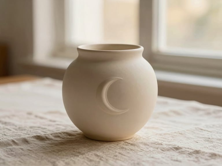 Close-up of a minimalist ceramic vessel with a debossed moon emblem, sitting on a creamy beige linen cloth, soft overcast daylight, shallow depth of field