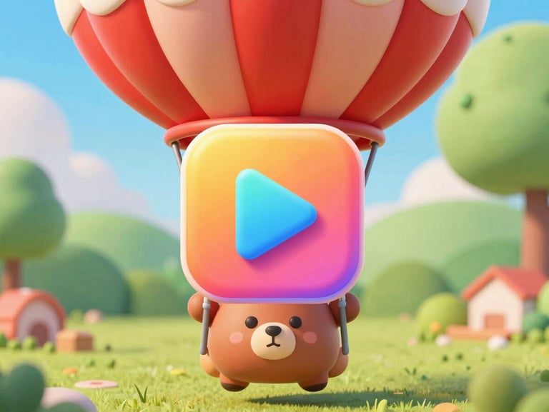 Vibrant 3D digital illustration of Barnaby the bear in a red hot air balloon, floating over a green backyard, with a large, colorful play button icon overlaid in the center. Bright soft lighting, clean claymation aesthetic.