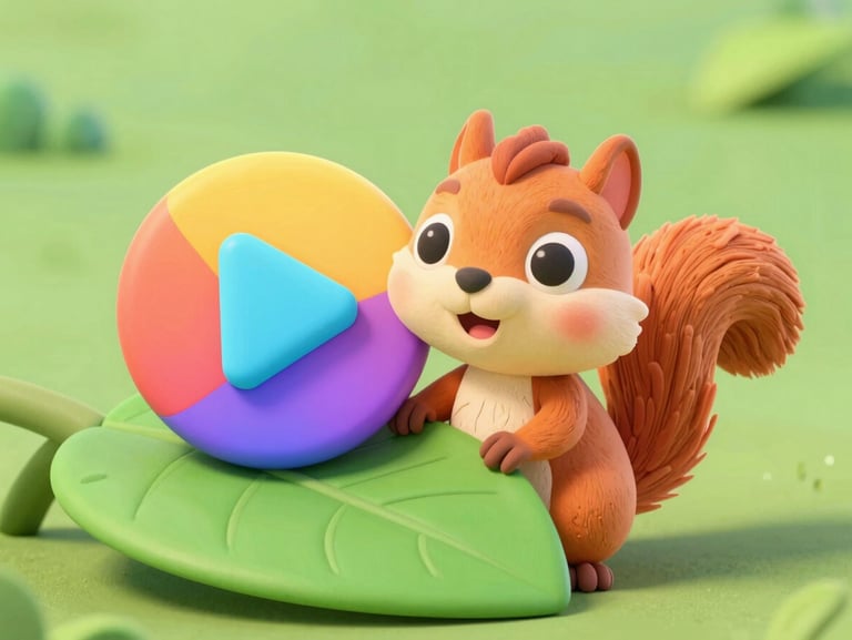Vibrant 3D digital illustration of Lily the squirrel peeking from behind a large green leaf, a curious expression on her face, with a large, colorful play button icon overlaid. Bright soft lighting, clean claymation aesthetic.