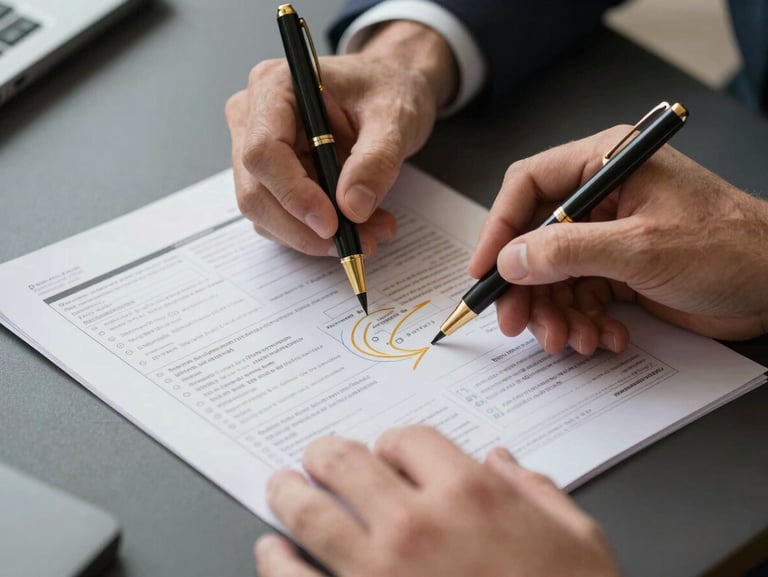 Close-up of a strategist's hands reviewing printed campaign performance notes on a dark desk, circled annotations in gold ink pen, crisp north-facing daylight, tightly framed from above at 45 degrees