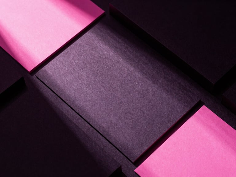 Sleek flat-lay of fashion branding materials, textured paper, neon pink gel lighting casting sharp shadows, minimal luxury editorial.