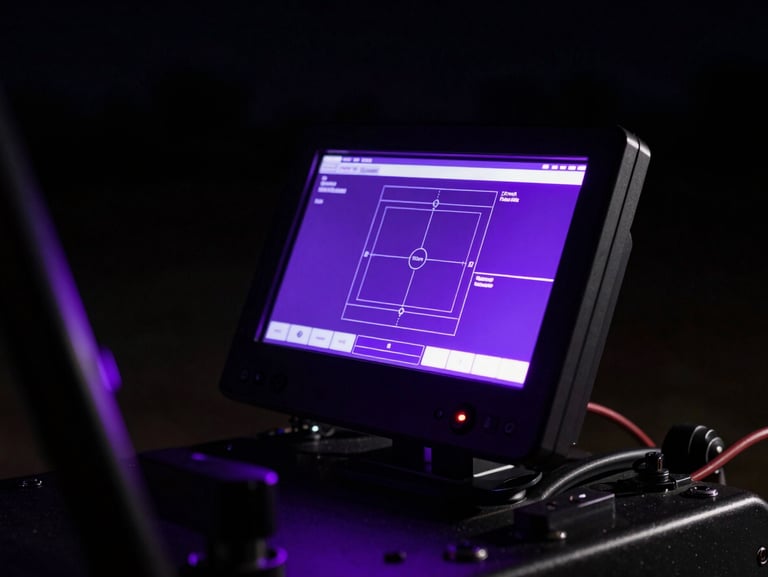 Dramatic close-up of high-tech agricultural machinery monitor with neon purple interface glow, dark night background, high-contrast technology photography.