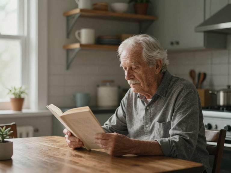 A senior sitting at a kitchen table reading, a tidy organized shelf visible behind them, soft morning light from a nearby window, calm domestic interior, person in natural repose not looking at camera