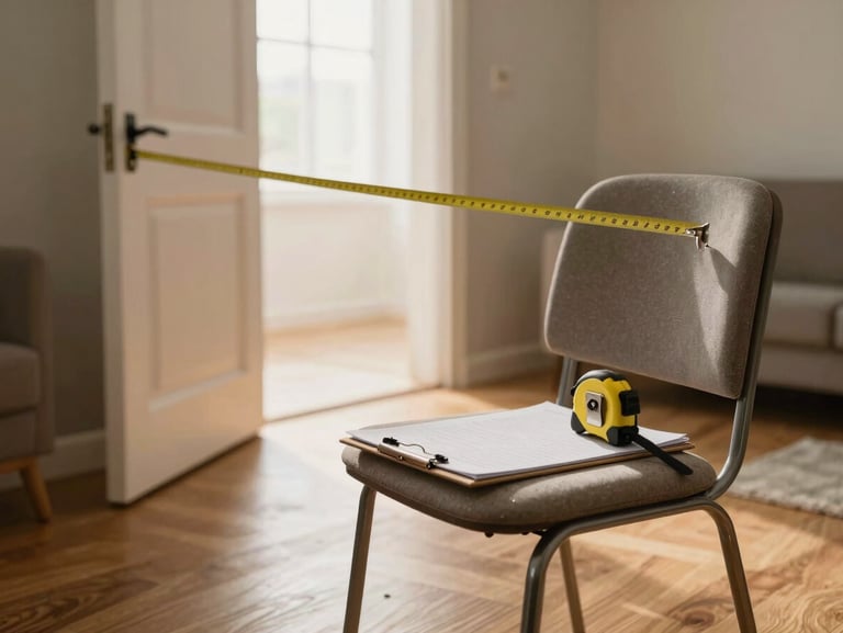 Wide view of a living room being measured and noted, a clipboard resting on a chair, tape measure extended across a doorway, diffused afternoon light, warm wood floors, no people in frame, calm and organized