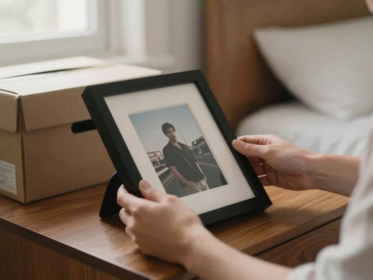 Hands carefully placing a framed photograph on a bedroom nightstand, a half-unpacked box visible in the background, soft window light, warm room tones, close medium framing, unhurried and attentive