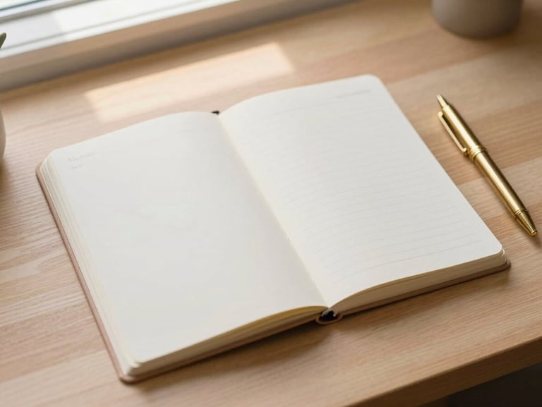 Clean flat-lay of an open paper planner and a brass pen on a light wooden desk, warm morning light, negative space, 35mm.