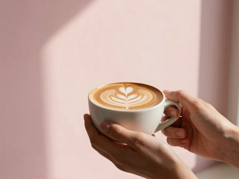 Hands holding a ceramic cup of coffee with latte art, warm soft light, pastel rose background, minimal aesthetic, 35mm.