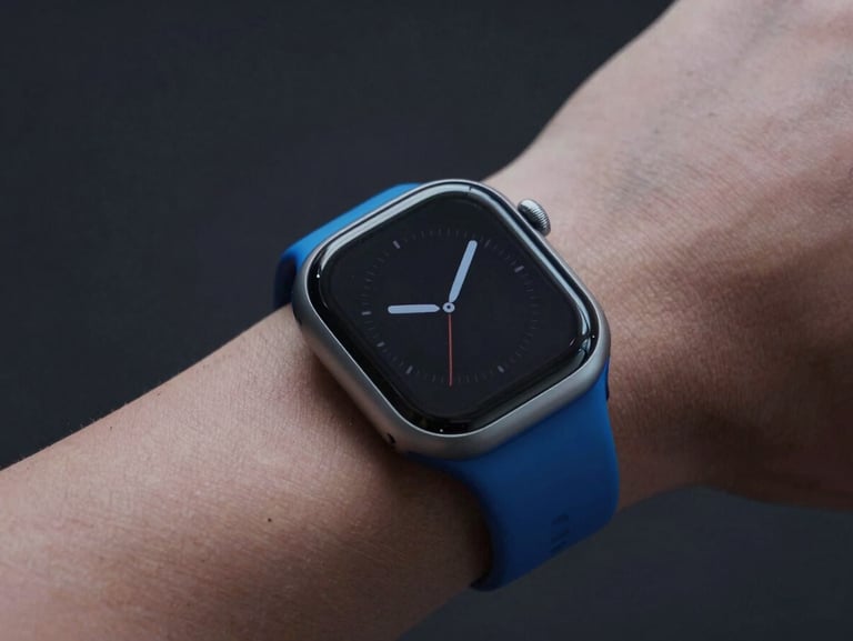 Macro shot of a sleek modern smartwatch with an active screen on a wrist, cool studio lighting, electric blue accents, dark minimalist background, sharp focus, 85mm lens