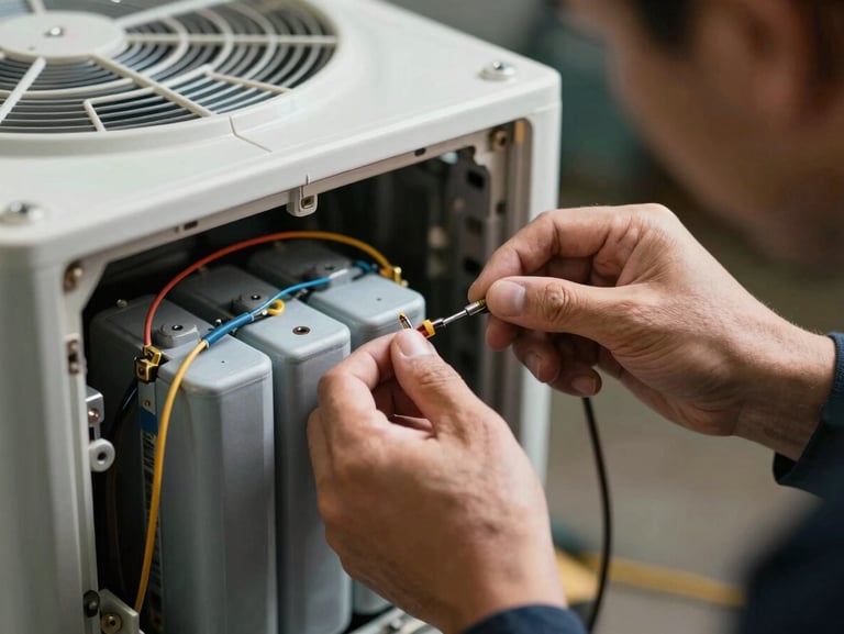 A close-up of a technician's hands carefully wiring a replacement capacitor inside an open residential air handler unit under bright work lights.