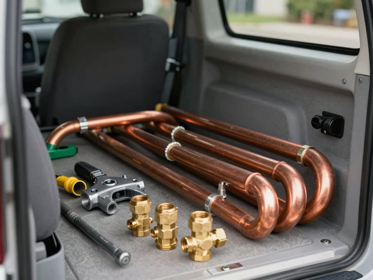 A clean, organized HVAC service vehicle interior showing neatly arranged copper pipes, brass fittings, and technical tools in bright daylight.