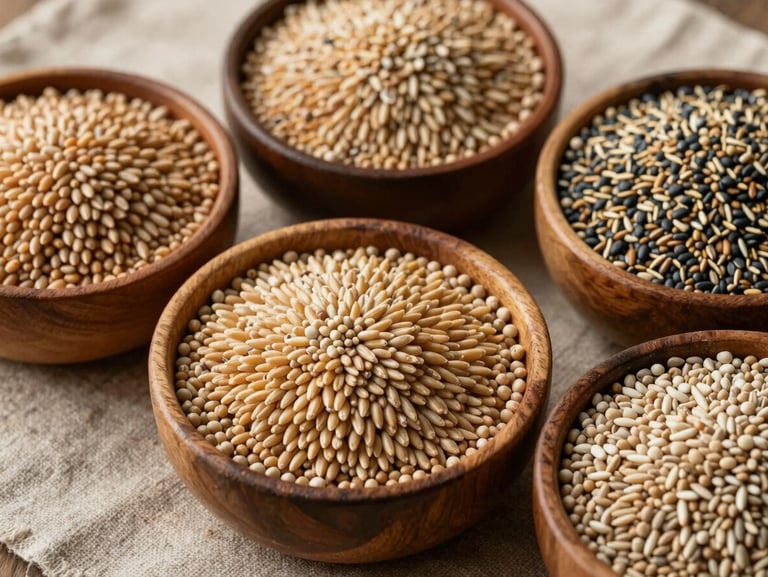 Overhead close-up of whole grains, legumes, and raw seeds sorted into wooden bowls on a rough linen surface, natural daylight from the left, muted earthy tones with sharp grain texture