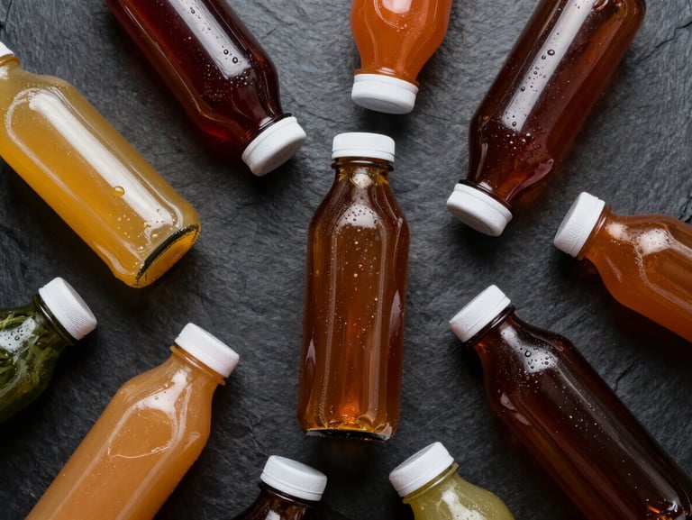 Overhead flat-lay of organic beverage bottles — cold-pressed juice and herbal teas in amber glass on a dark slate surface, studio strobe lighting revealing rich liquid color and condensation detail