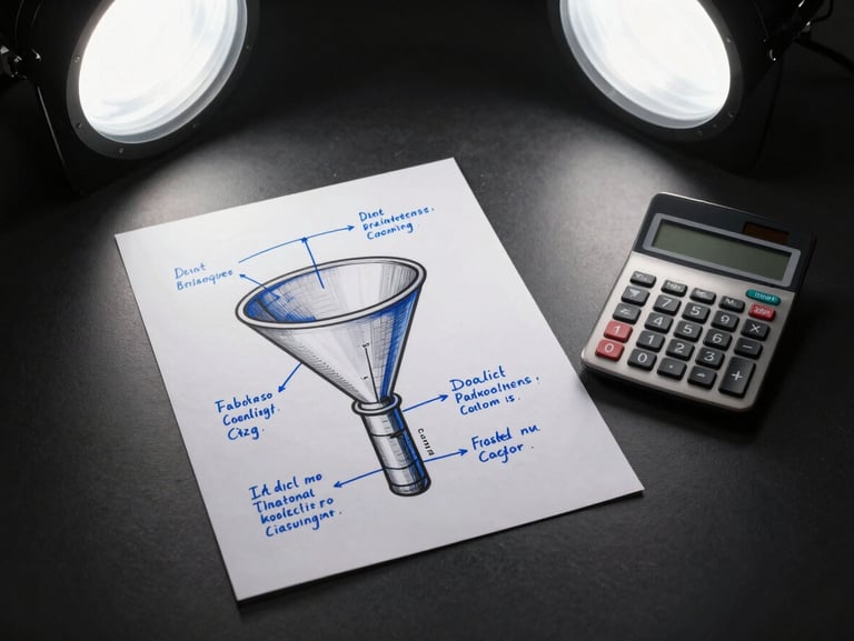 Overhead flat-lay of a printed funnel diagram with handwritten annotations in blue marker, a calculator beside it on a matte black desk, cool studio strobe lighting from above casting sharp shadows